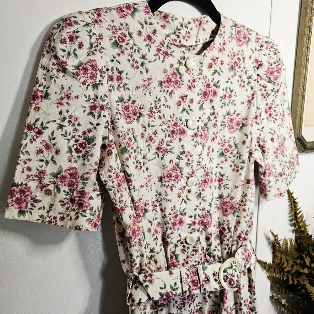 80s Floral Pink Green Cotton Midi Tea Dress With Matching Belt Handmade Vintage - Picture 3 of 10